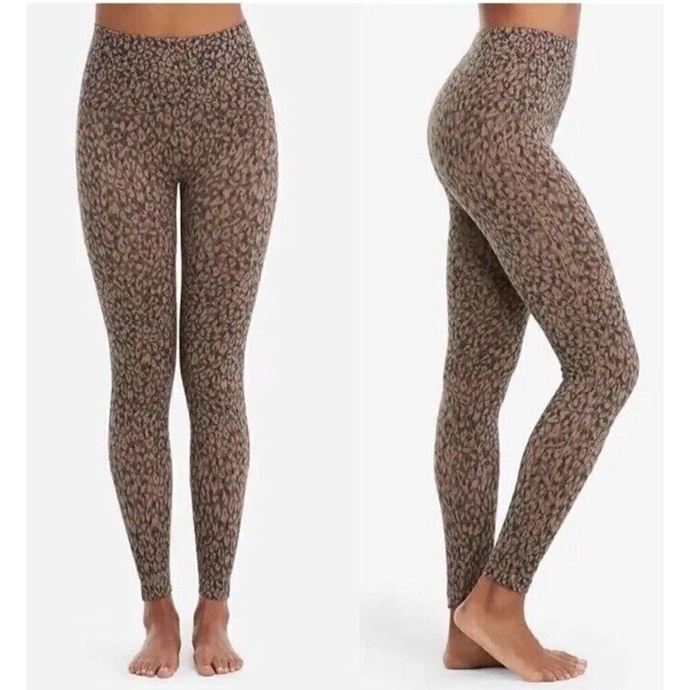 Spanx Look At Me Now Leggings Women's Sz M Brown Mini Leopard Seamless Shaping